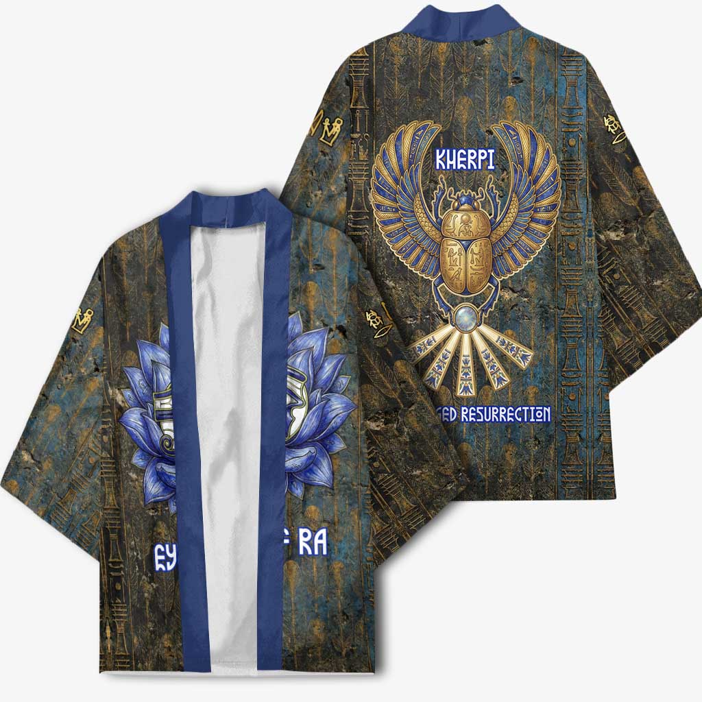 Khepri Ancient Egyptian Kimono Dark Hieroglyphic, Blue Lotus Eye Symbol, and Winged Scarab Resurrection - Wonder Print Shop