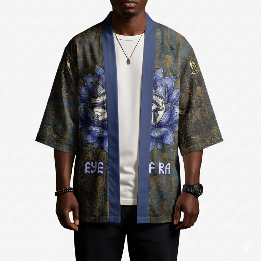 Khepri Ancient Egyptian Kimono Dark Hieroglyphic, Blue Lotus Eye Symbol, and Winged Scarab Resurrection - Wonder Print Shop