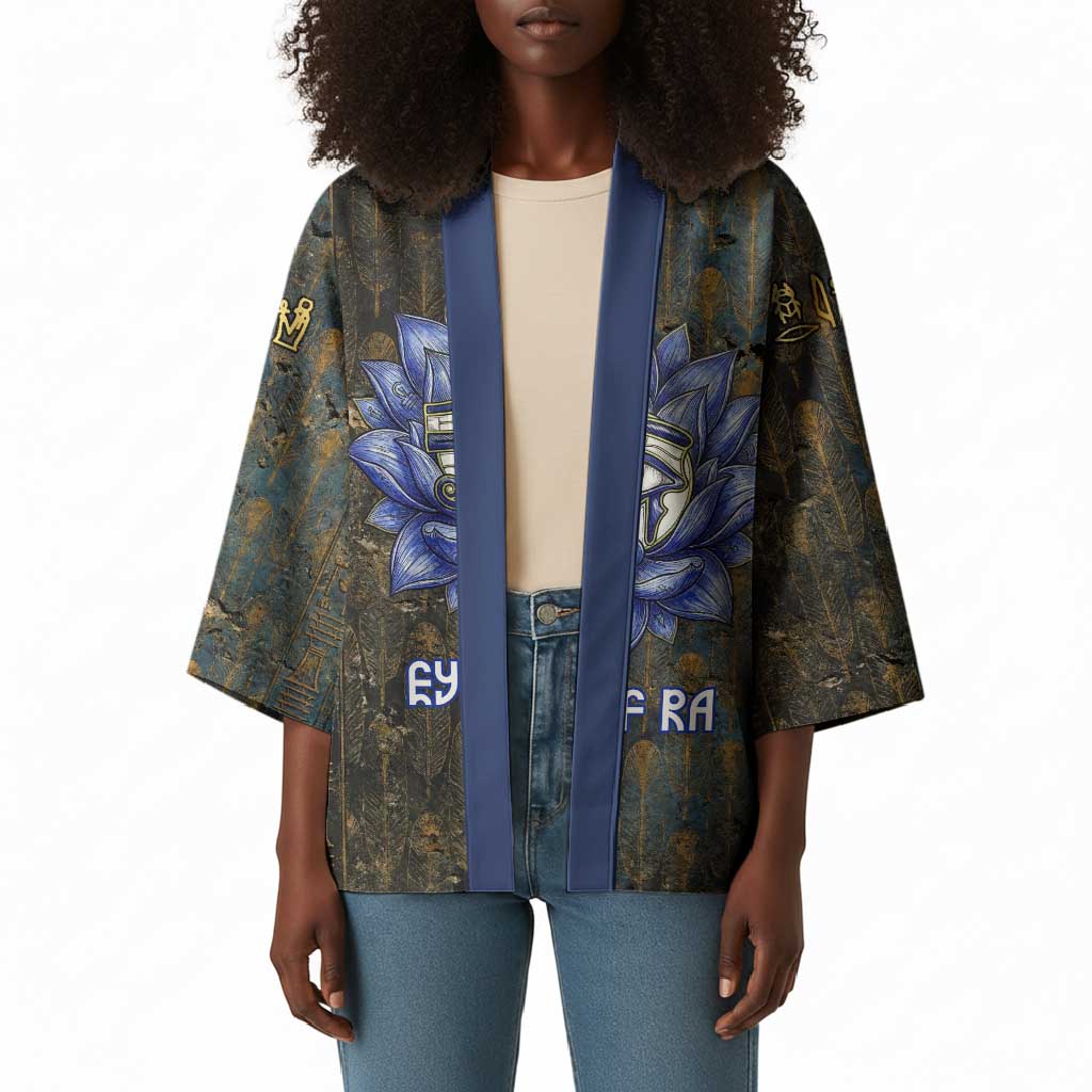 Khepri Ancient Egyptian Kimono Dark Hieroglyphic, Blue Lotus Eye Symbol, and Winged Scarab Resurrection - Wonder Print Shop