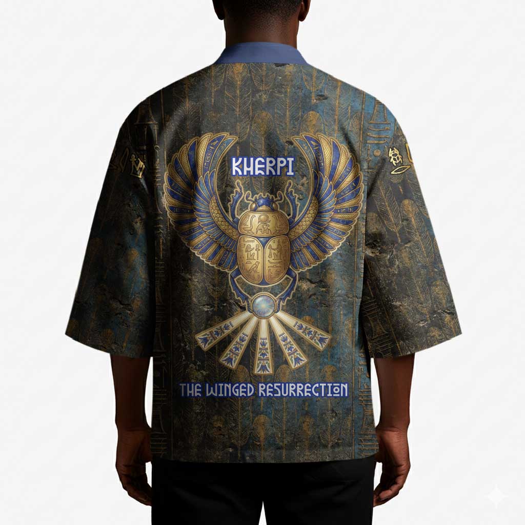Khepri Ancient Egyptian Kimono Dark Hieroglyphic, Blue Lotus Eye Symbol, and Winged Scarab Resurrection - Wonder Print Shop