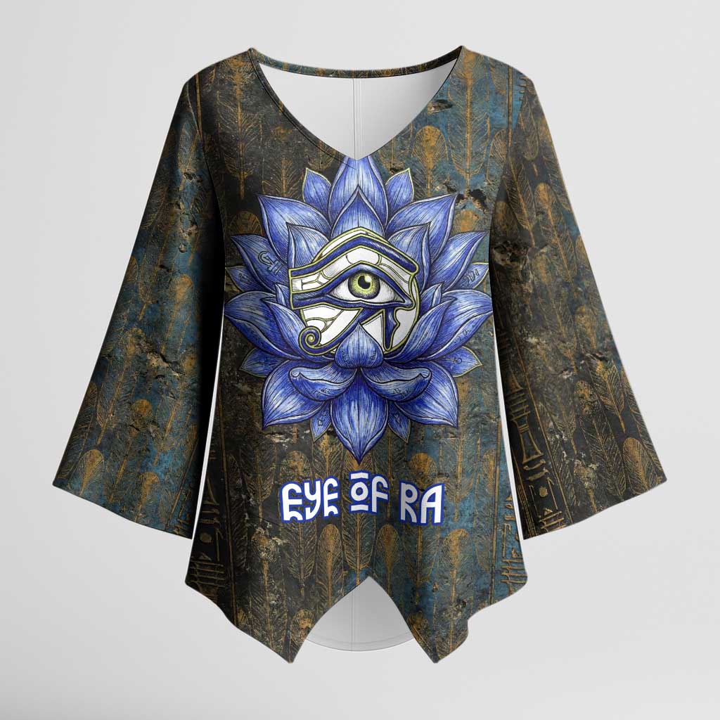 Khepri Ancient Egyptian Kimono Sleeve Blouse Dark Hieroglyphic, Blue Lotus Eye Symbol, and Winged Scarab Resurrection - Wonder Print Shop