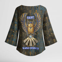 Khepri Ancient Egyptian Kimono Sleeve Blouse Dark Hieroglyphic, Blue Lotus Eye Symbol, and Winged Scarab Resurrection - Wonder Print Shop