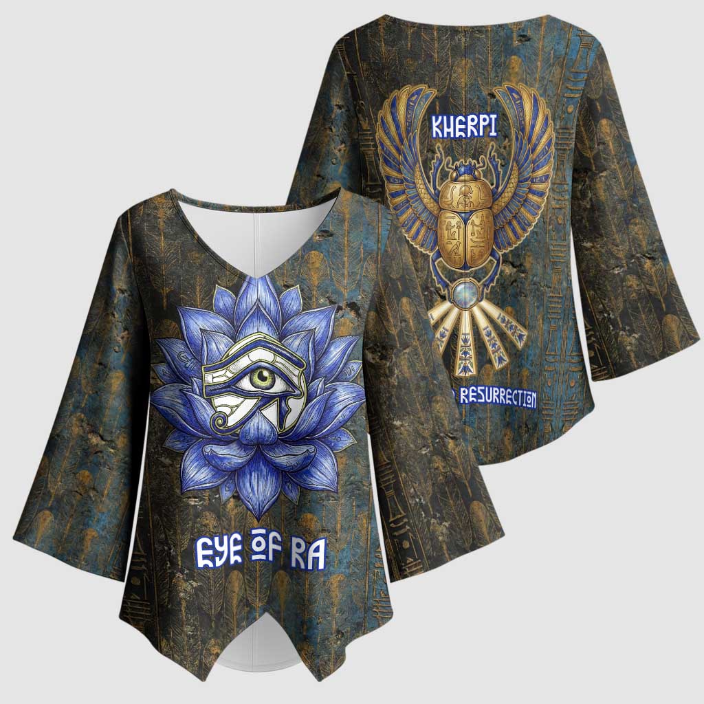 Khepri Ancient Egyptian Kimono Sleeve Blouse Dark Hieroglyphic, Blue Lotus Eye Symbol, and Winged Scarab Resurrection - Wonder Print Shop
