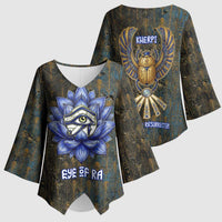 Khepri Ancient Egyptian Kimono Sleeve Blouse Dark Hieroglyphic, Blue Lotus Eye Symbol, and Winged Scarab Resurrection - Wonder Print Shop