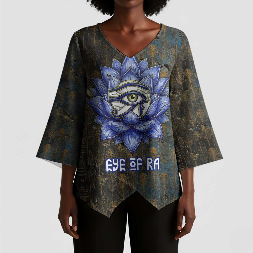 Khepri Ancient Egyptian Kimono Sleeve Blouse Dark Hieroglyphic, Blue Lotus Eye Symbol, and Winged Scarab Resurrection - Wonder Print Shop