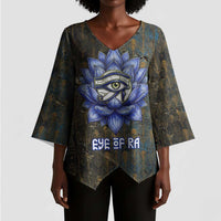 Khepri Ancient Egyptian Kimono Sleeve Blouse Dark Hieroglyphic, Blue Lotus Eye Symbol, and Winged Scarab Resurrection - Wonder Print Shop