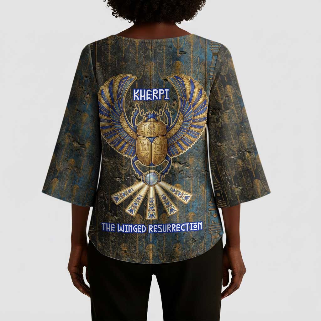 Khepri Ancient Egyptian Kimono Sleeve Blouse Dark Hieroglyphic, Blue Lotus Eye Symbol, and Winged Scarab Resurrection - Wonder Print Shop