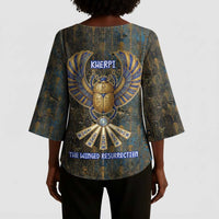 Khepri Ancient Egyptian Kimono Sleeve Blouse Dark Hieroglyphic, Blue Lotus Eye Symbol, and Winged Scarab Resurrection - Wonder Print Shop