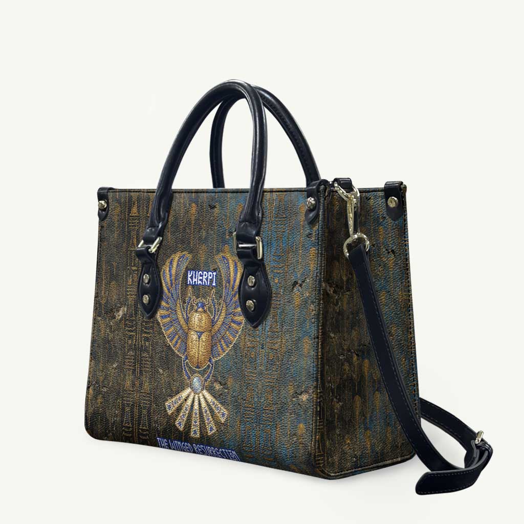Khepri Ancient Egyptian Leather Bag Dark Hieroglyphic, Blue Lotus Eye Symbol, and Winged Scarab Resurrection - Wonder Print Shop