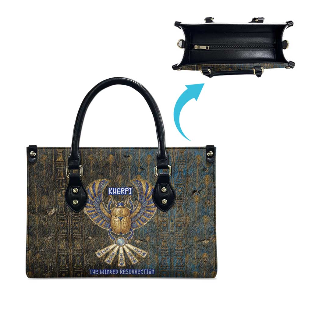 Khepri Ancient Egyptian Leather Bag Dark Hieroglyphic, Blue Lotus Eye Symbol, and Winged Scarab Resurrection - Wonder Print Shop