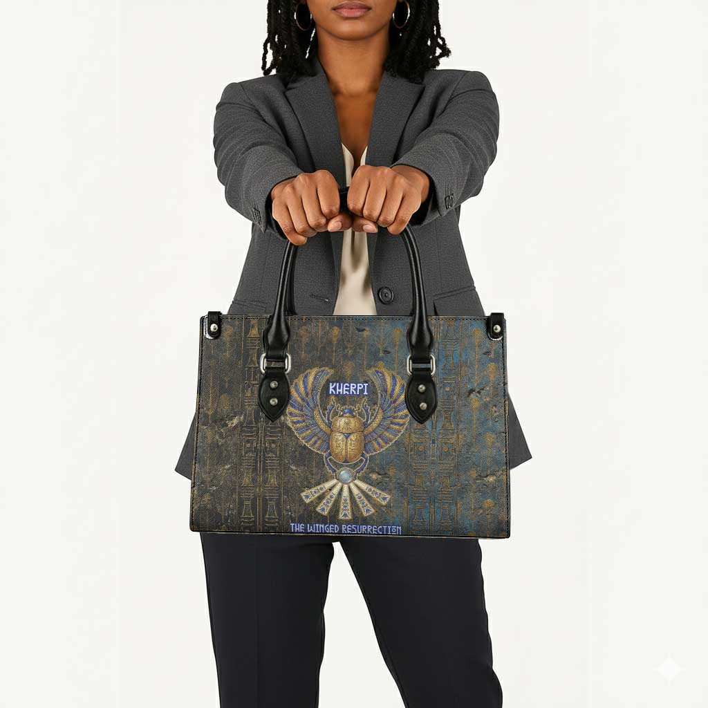 Khepri Ancient Egyptian Leather Bag Dark Hieroglyphic, Blue Lotus Eye Symbol, and Winged Scarab Resurrection - Wonder Print Shop