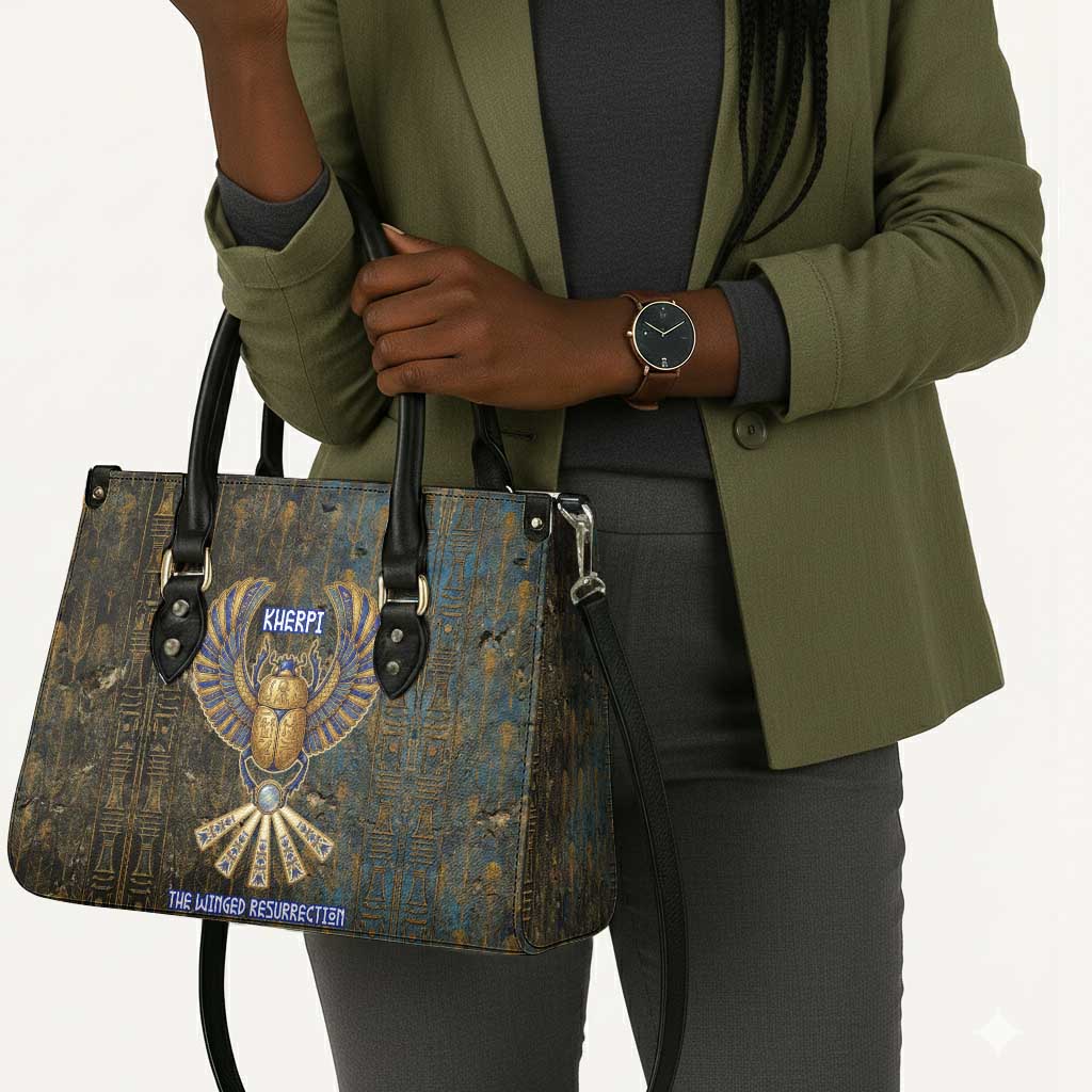 Khepri Ancient Egyptian Leather Bag Dark Hieroglyphic, Blue Lotus Eye Symbol, and Winged Scarab Resurrection - Wonder Print Shop