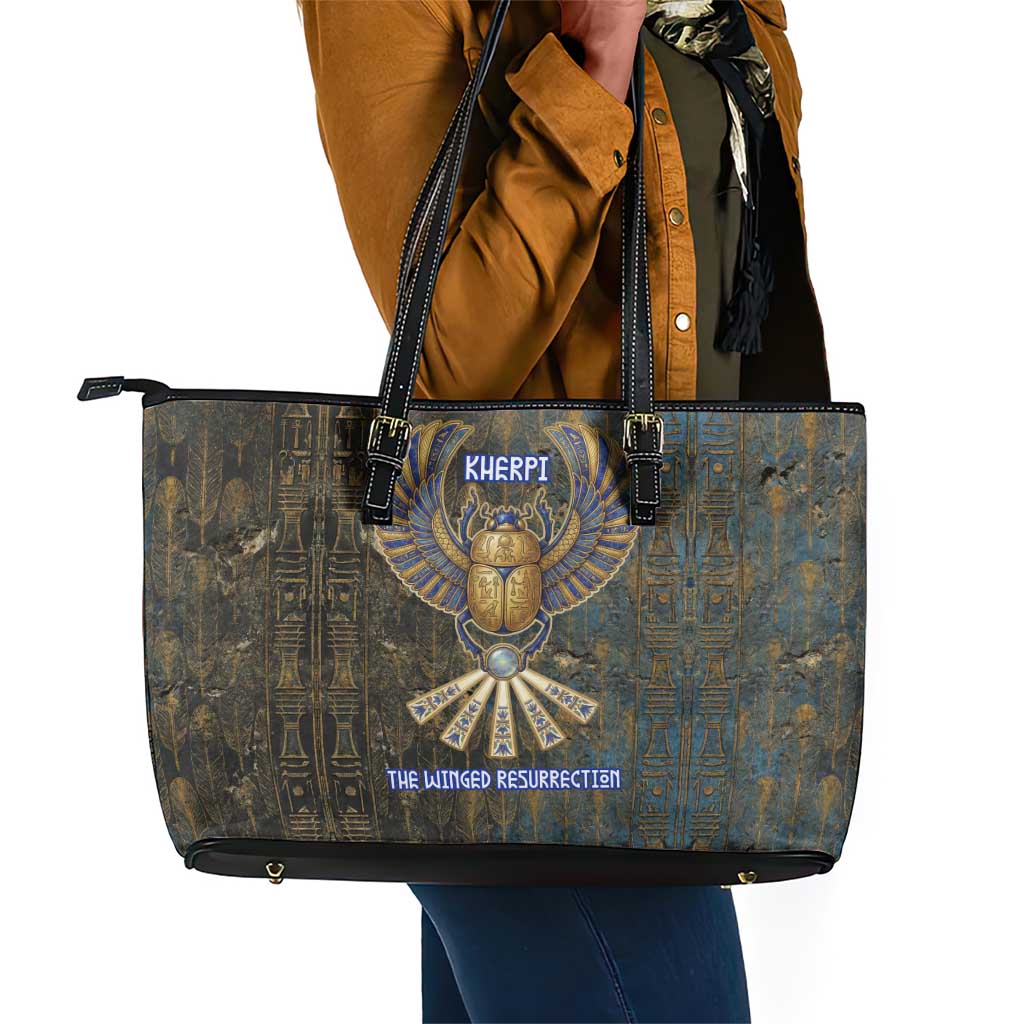 Khepri Ancient Egyptian Leather Tote Bag Dark Hieroglyphic, Blue Lotus Eye Symbol, and Winged Scarab Resurrection - Wonder Print Shop