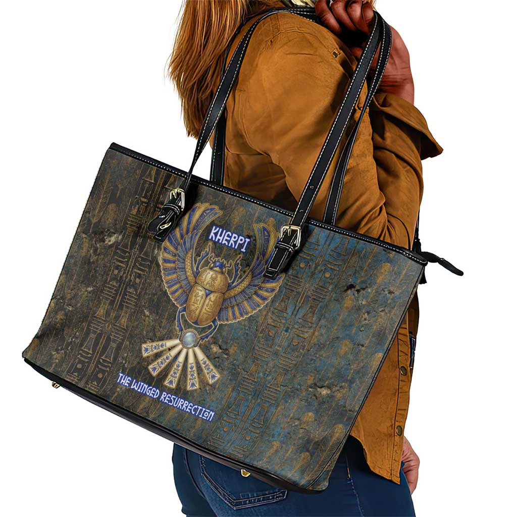 Khepri Ancient Egyptian Leather Tote Bag Dark Hieroglyphic, Blue Lotus Eye Symbol, and Winged Scarab Resurrection - Wonder Print Shop