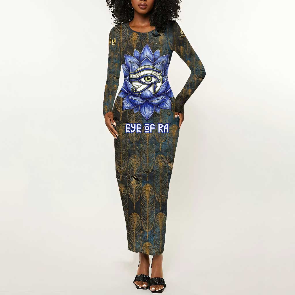 Khepri Ancient Egyptian Long Sleeve Bodycon Dress Dark Hieroglyphic, Blue Lotus Eye Symbol, and Winged Scarab Resurrection - Wonder Print Shop