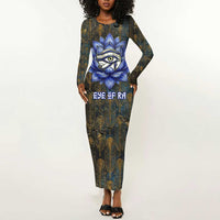 Khepri Ancient Egyptian Long Sleeve Bodycon Dress Dark Hieroglyphic, Blue Lotus Eye Symbol, and Winged Scarab Resurrection - Wonder Print Shop