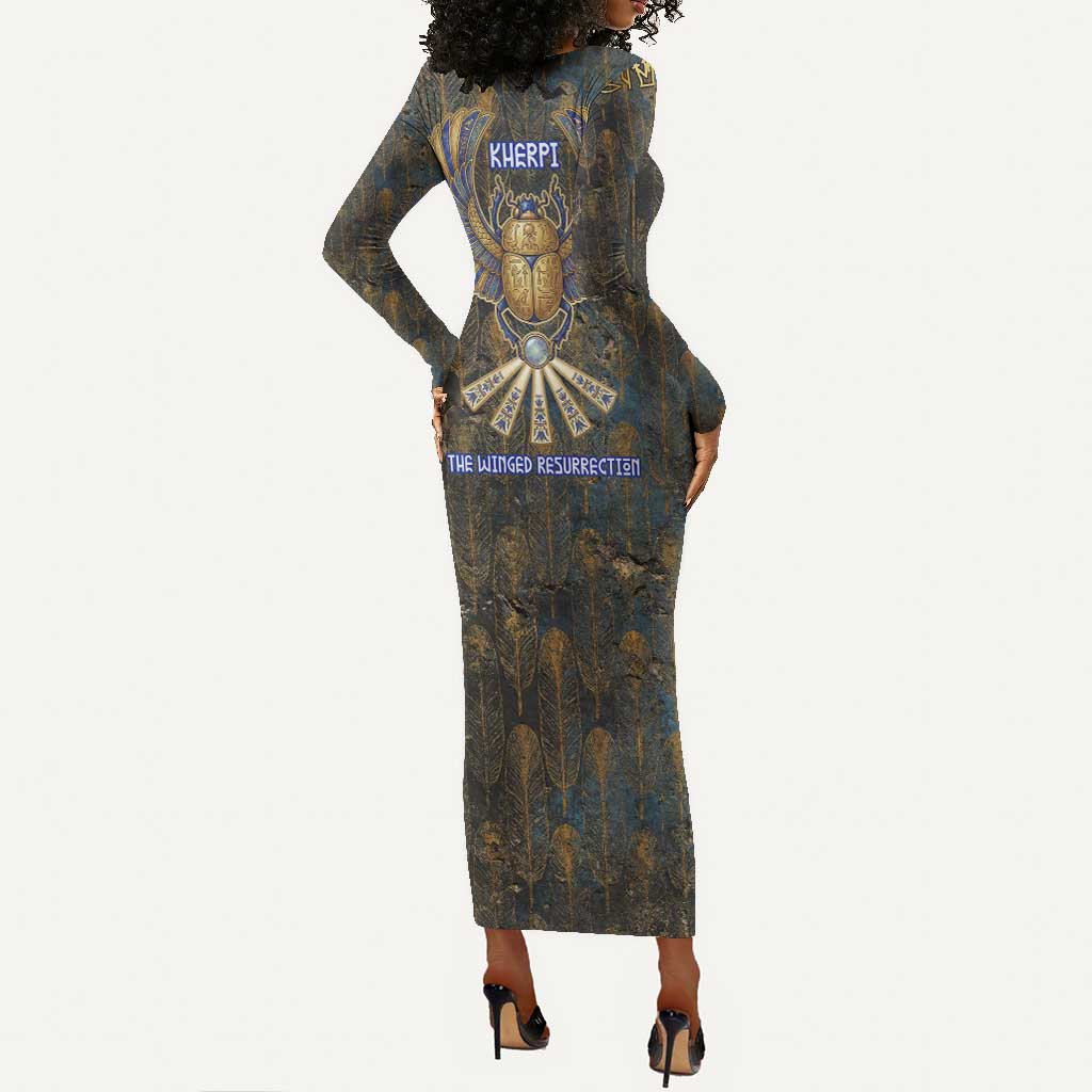 Khepri Ancient Egyptian Long Sleeve Bodycon Dress Dark Hieroglyphic, Blue Lotus Eye Symbol, and Winged Scarab Resurrection - Wonder Print Shop