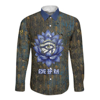 Khepri Ancient Egyptian Long Sleeve Button Shirt Dark Hieroglyphic, Blue Lotus Eye Symbol, and Winged Scarab Resurrection - Wonder Print Shop