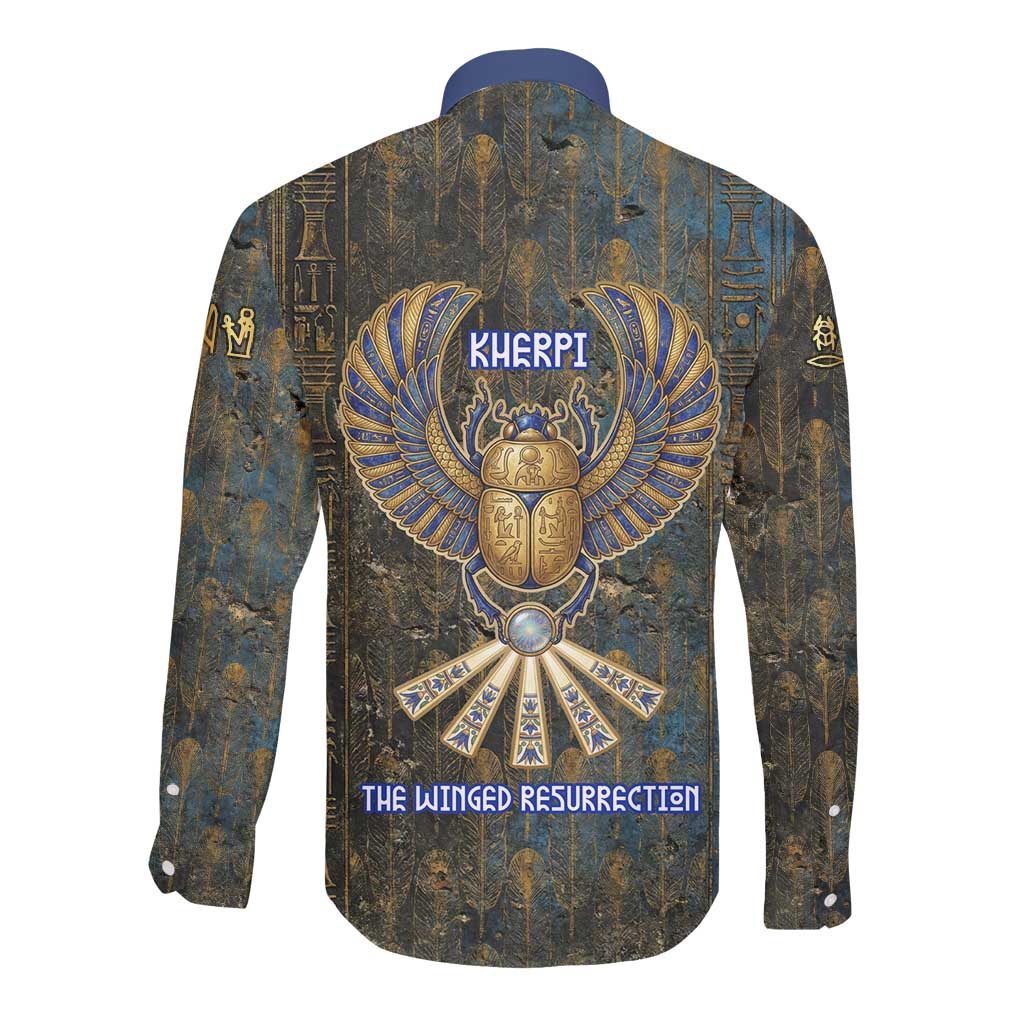 Khepri Ancient Egyptian Long Sleeve Button Shirt Dark Hieroglyphic, Blue Lotus Eye Symbol, and Winged Scarab Resurrection - Wonder Print Shop