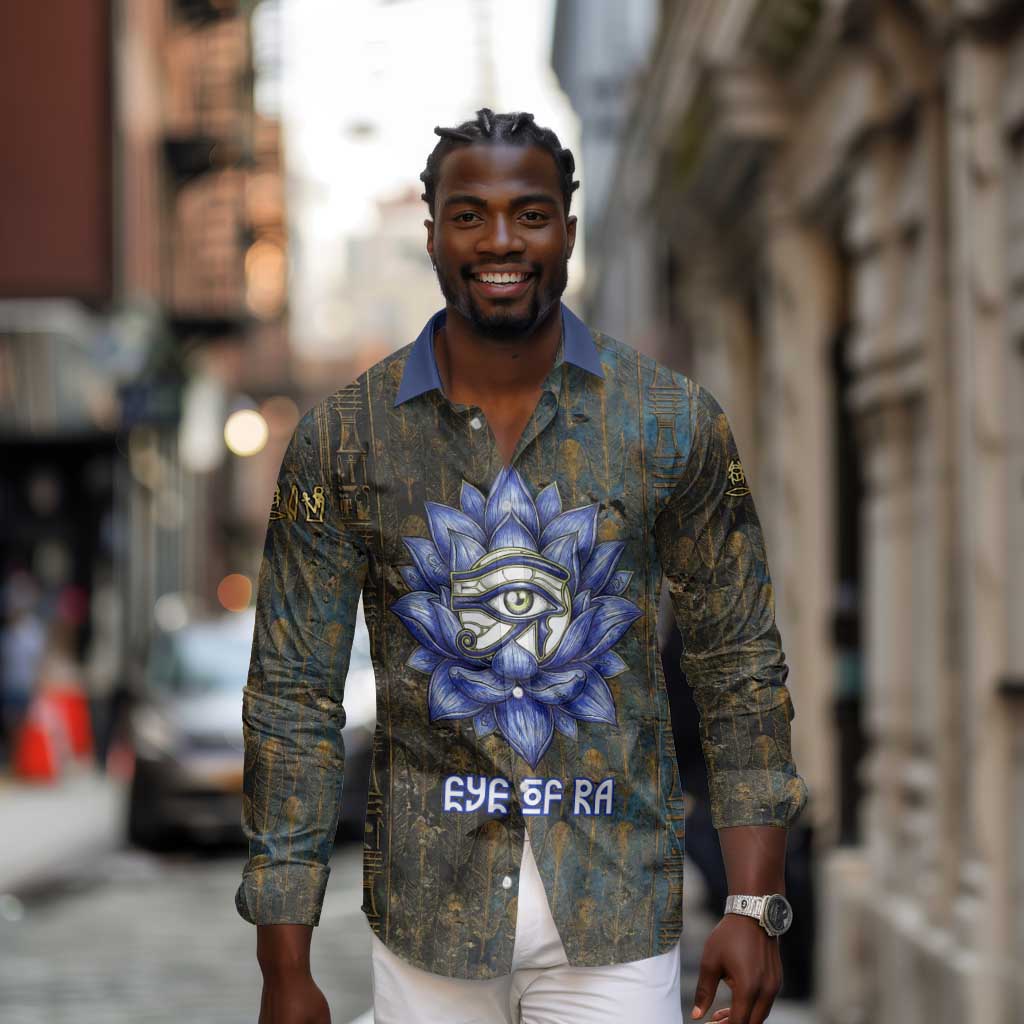 Khepri Ancient Egyptian Long Sleeve Button Shirt Dark Hieroglyphic, Blue Lotus Eye Symbol, and Winged Scarab Resurrection - Wonder Print Shop