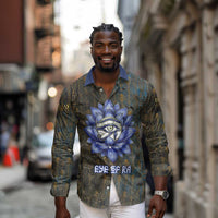 Khepri Ancient Egyptian Long Sleeve Button Shirt Dark Hieroglyphic, Blue Lotus Eye Symbol, and Winged Scarab Resurrection - Wonder Print Shop