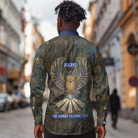 Khepri Ancient Egyptian Long Sleeve Button Shirt Dark Hieroglyphic, Blue Lotus Eye Symbol, and Winged Scarab Resurrection - Wonder Print Shop