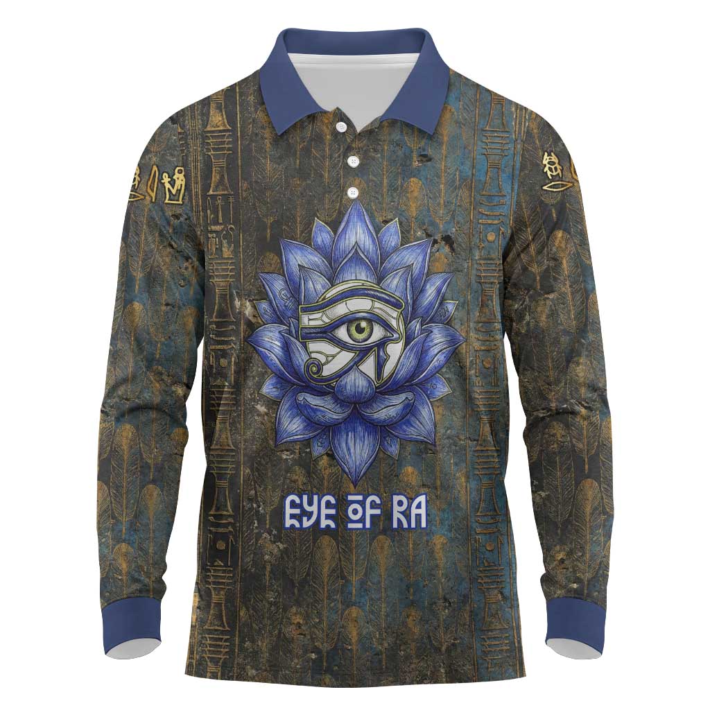 Khepri Ancient Egyptian Long Sleeve Polo Shirt Dark Hieroglyphic, Blue Lotus Eye Symbol, and Winged Scarab Resurrection - Wonder Print Shop