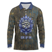 Khepri Ancient Egyptian Long Sleeve Polo Shirt Dark Hieroglyphic, Blue Lotus Eye Symbol, and Winged Scarab Resurrection - Wonder Print Shop