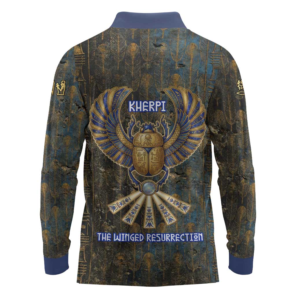Khepri Ancient Egyptian Long Sleeve Polo Shirt Dark Hieroglyphic, Blue Lotus Eye Symbol, and Winged Scarab Resurrection - Wonder Print Shop