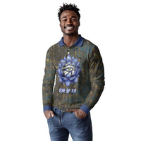 Khepri Ancient Egyptian Long Sleeve Polo Shirt Dark Hieroglyphic, Blue Lotus Eye Symbol, and Winged Scarab Resurrection - Wonder Print Shop