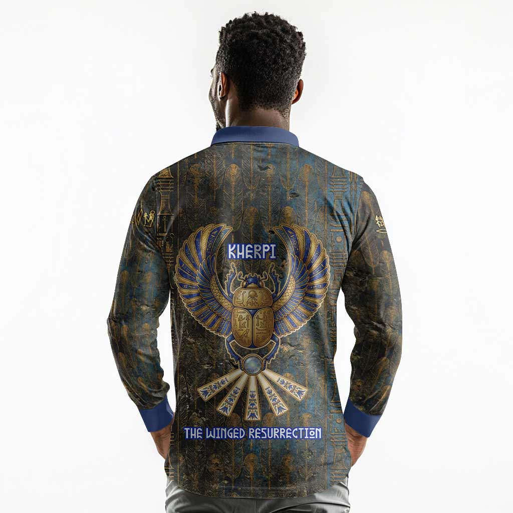 Khepri Ancient Egyptian Long Sleeve Polo Shirt Dark Hieroglyphic, Blue Lotus Eye Symbol, and Winged Scarab Resurrection - Wonder Print Shop