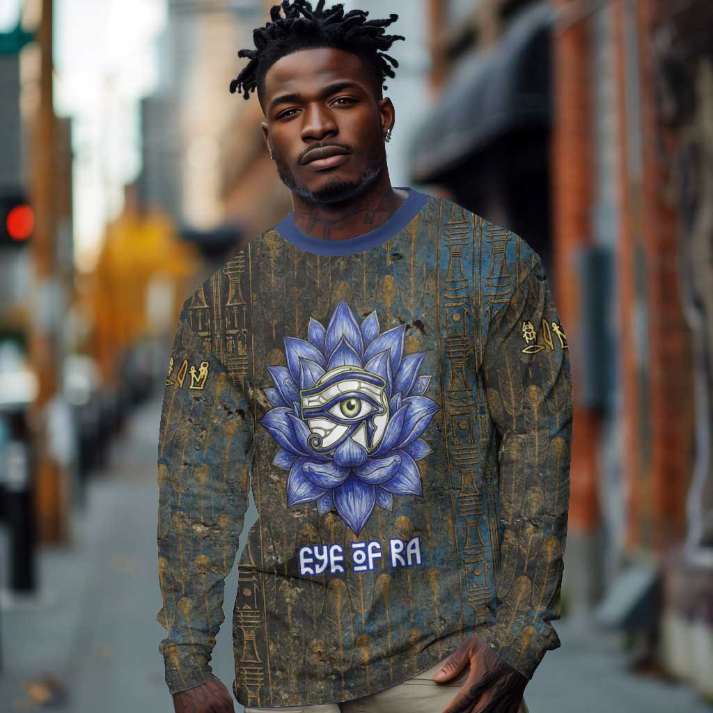 Khepri Ancient Egyptian Long Sleeve Shirt Dark Hieroglyphic, Blue Lotus Eye Symbol, and Winged Scarab Resurrection - Wonder Print Shop