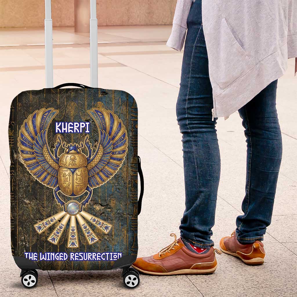 Khepri Ancient Egyptian Luggage Cover Dark Hieroglyphic, Blue Lotus Eye Symbol, and Winged Scarab Resurrection - Wonder Print Shop
