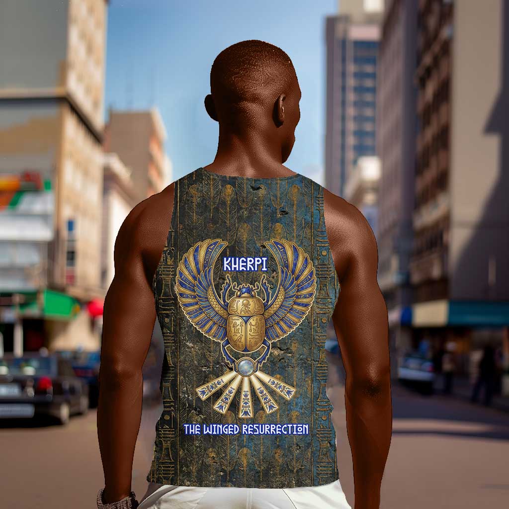 Khepri Ancient Egyptian Men Tank Top Dark Hieroglyphic, Blue Lotus Eye Symbol, and Winged Scarab Resurrection - Wonder Print Shop