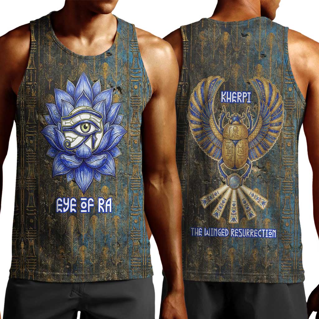 Khepri Ancient Egyptian Men Tank Top Dark Hieroglyphic, Blue Lotus Eye Symbol, and Winged Scarab Resurrection - Wonder Print Shop