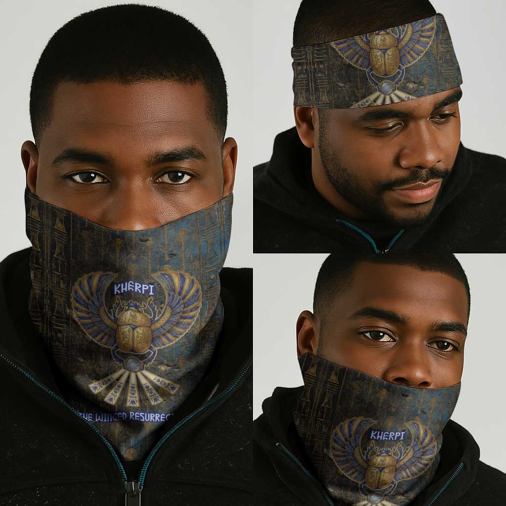 Khepri Ancient Egyptian Neck Gaiter Dark Hieroglyphic, Blue Lotus Eye Symbol, and Winged Scarab Resurrection - Wonder Print Shop