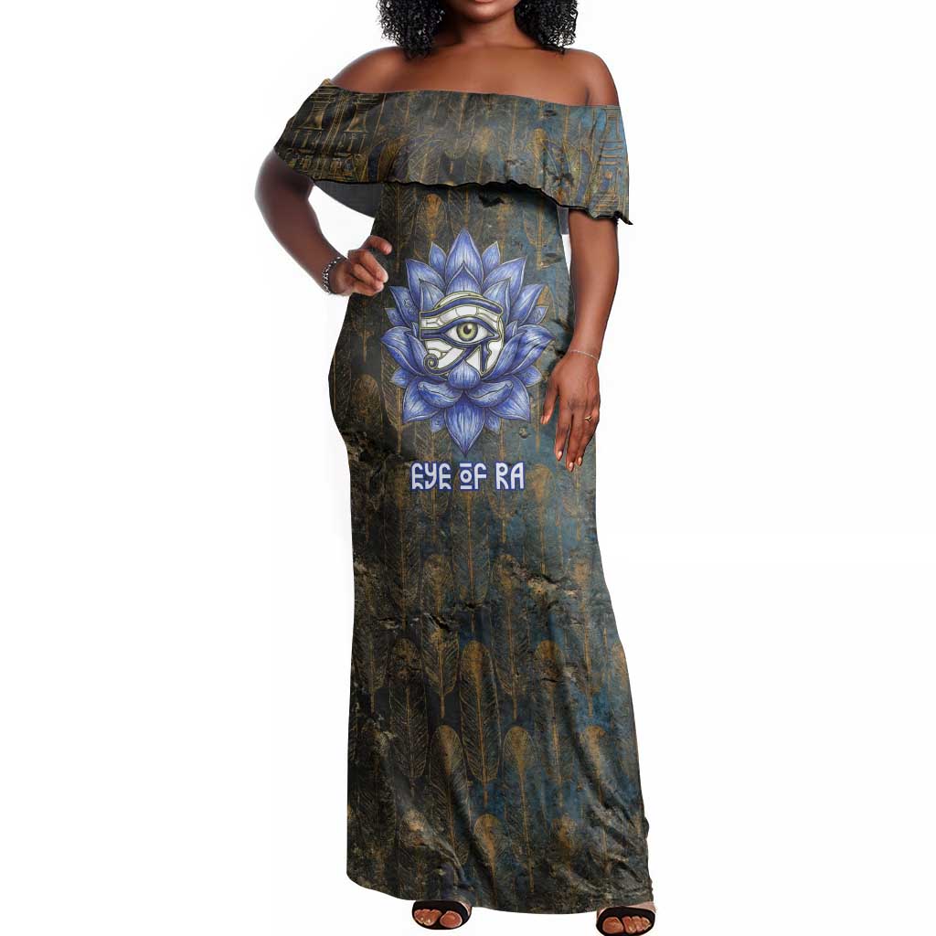 Khepri Ancient Egyptian Off Shoulder Maxi Dress Dark Hieroglyphic, Blue Lotus Eye Symbol, and Winged Scarab Resurrection - Wonder Print Shop