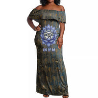 Khepri Ancient Egyptian Off Shoulder Maxi Dress Dark Hieroglyphic, Blue Lotus Eye Symbol, and Winged Scarab Resurrection - Wonder Print Shop