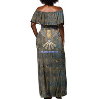 Khepri Ancient Egyptian Off Shoulder Maxi Dress Dark Hieroglyphic, Blue Lotus Eye Symbol, and Winged Scarab Resurrection - Wonder Print Shop
