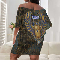 Khepri Ancient Egyptian Off Shoulder Short Dress Dark Hieroglyphic, Blue Lotus Eye Symbol, and Winged Scarab Resurrection - Wonder Print Shop