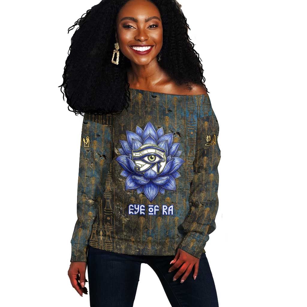 Khepri Ancient Egyptian Off Shoulder Sweater Dark Hieroglyphic, Blue Lotus Eye Symbol, and Winged Scarab Resurrection - Wonder Print Shop