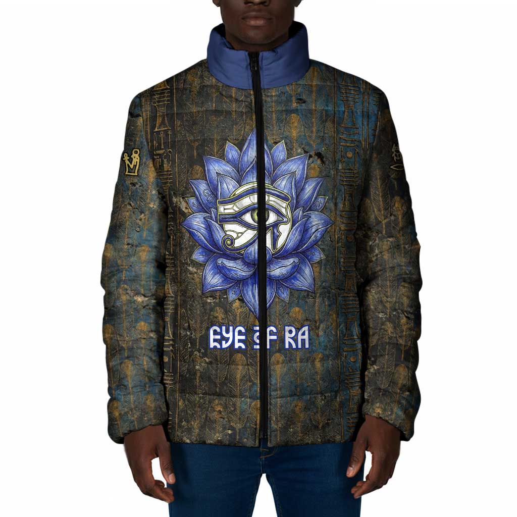 Khepri Ancient Egyptian Padded Jacket Dark Hieroglyphic, Blue Lotus Eye Symbol, and Winged Scarab Resurrection - Wonder Print Shop