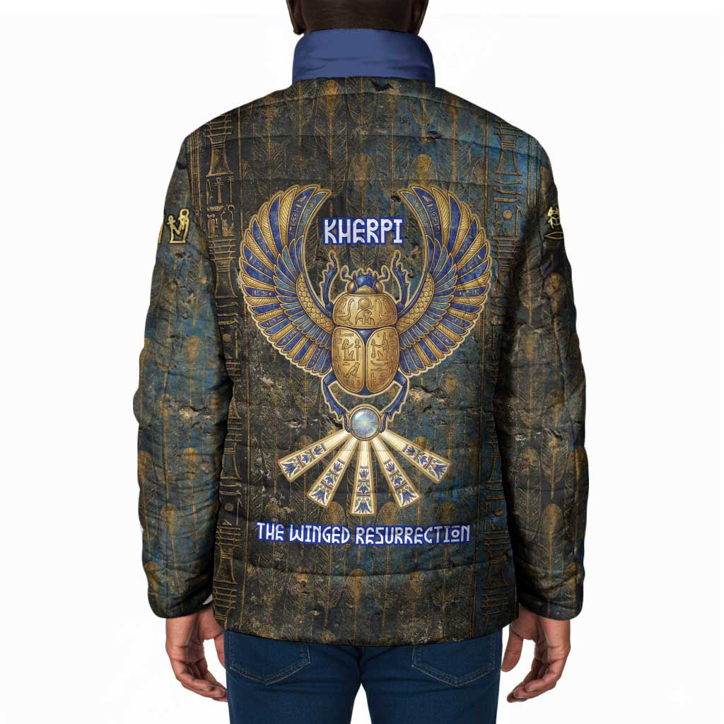 Khepri Ancient Egyptian Padded Jacket Dark Hieroglyphic, Blue Lotus Eye Symbol, and Winged Scarab Resurrection - Wonder Print Shop