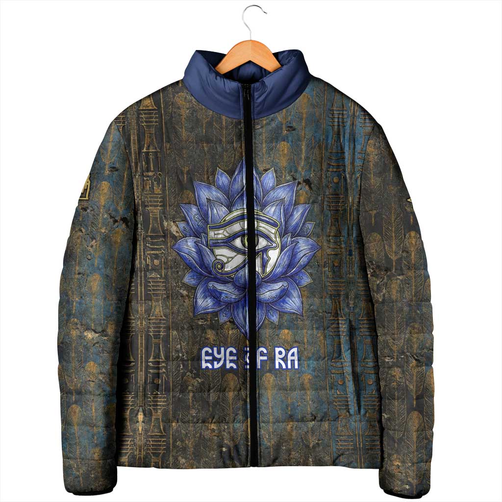 Khepri Ancient Egyptian Padded Jacket Dark Hieroglyphic, Blue Lotus Eye Symbol, and Winged Scarab Resurrection - Wonder Print Shop