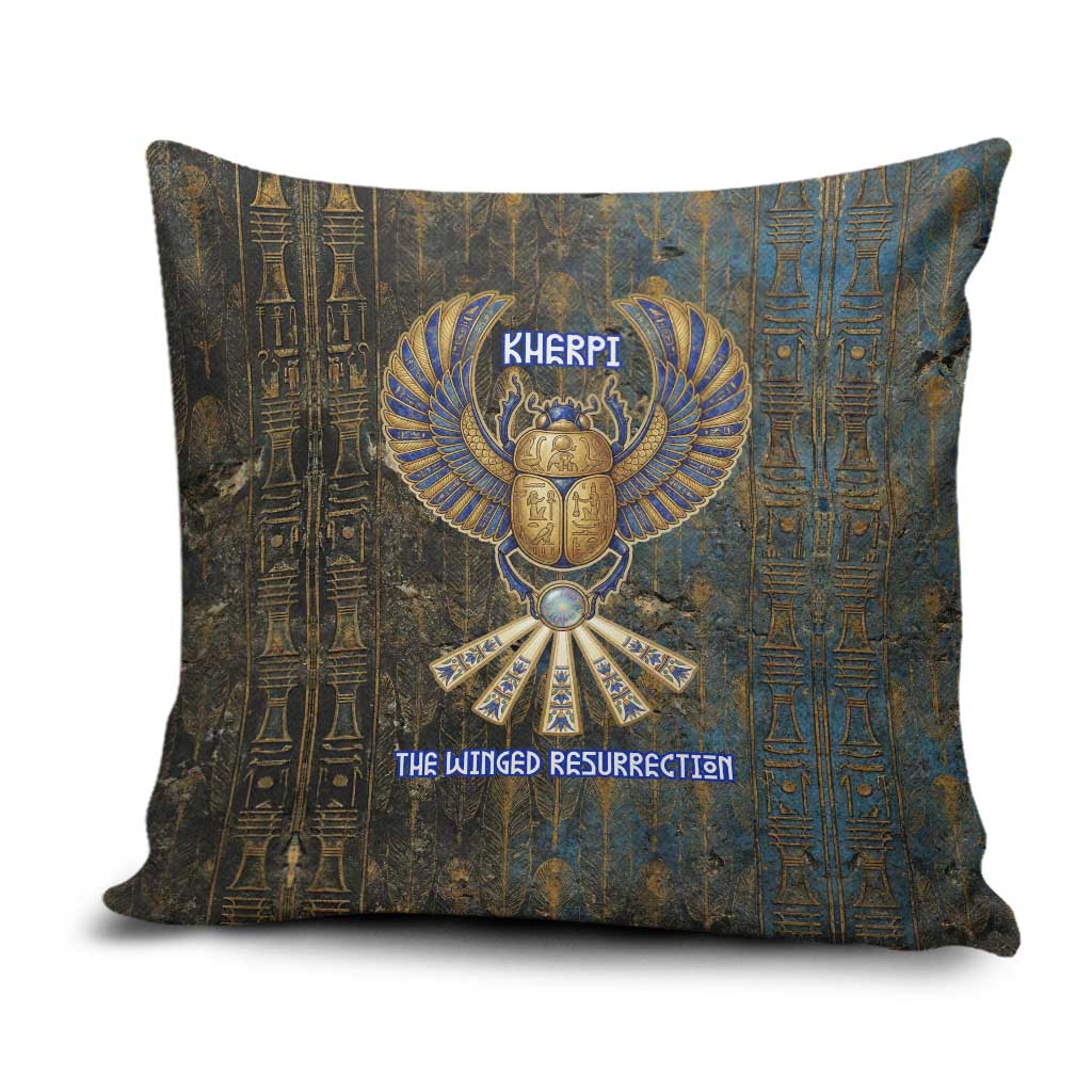 Khepri Ancient Egyptian Pillow Cover Dark Hieroglyphic, Blue Lotus Eye Symbol, and Winged Scarab Resurrection - Wonder Print Shop