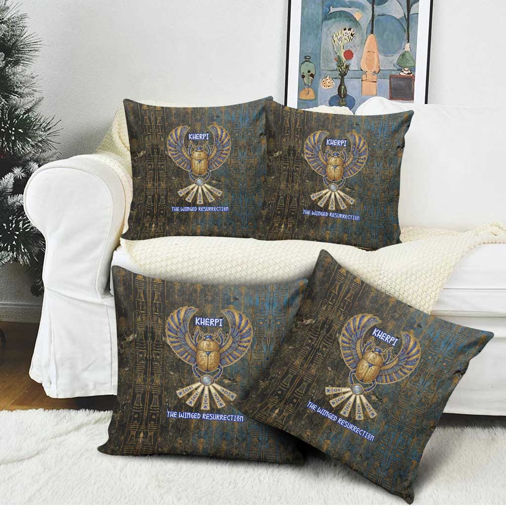 Khepri Ancient Egyptian Pillow Cover Dark Hieroglyphic, Blue Lotus Eye Symbol, and Winged Scarab Resurrection - Wonder Print Shop