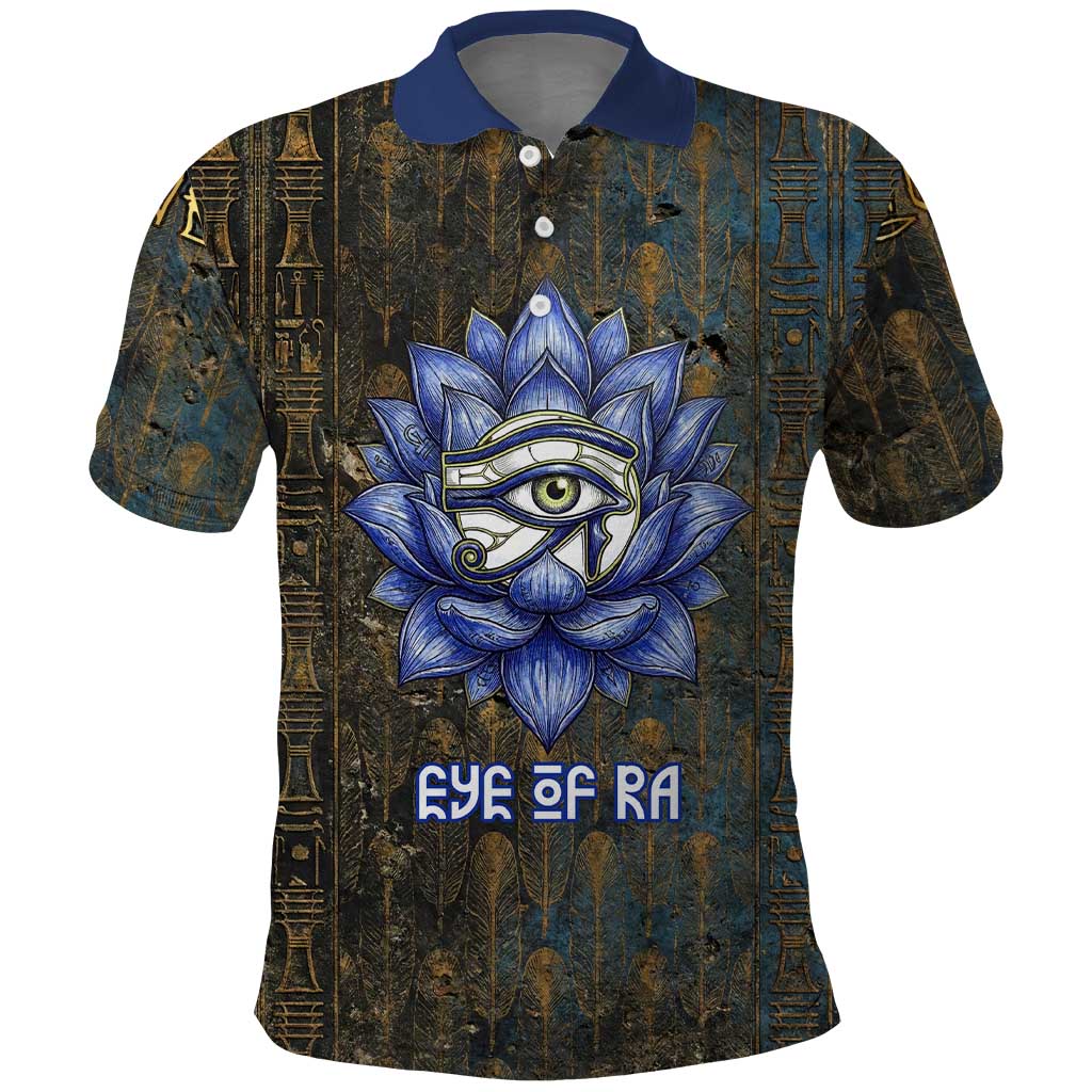 Khepri Ancient Egyptian Polo Shirt Dark Hieroglyphic, Blue Lotus Eye Symbol, and Winged Scarab Resurrection - Wonder Print Shop