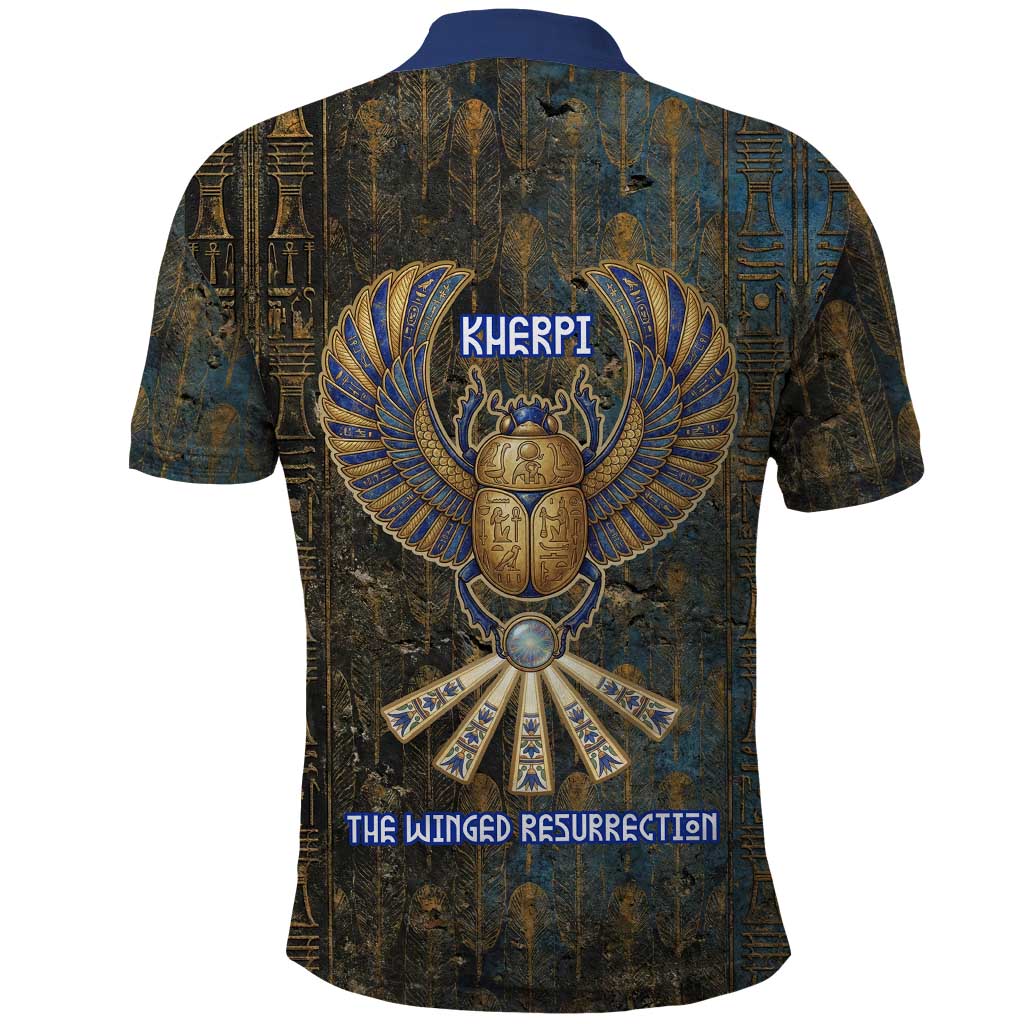 Khepri Ancient Egyptian Polo Shirt Dark Hieroglyphic, Blue Lotus Eye Symbol, and Winged Scarab Resurrection - Wonder Print Shop