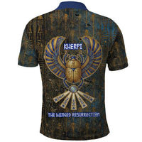 Khepri Ancient Egyptian Polo Shirt Dark Hieroglyphic, Blue Lotus Eye Symbol, and Winged Scarab Resurrection - Wonder Print Shop