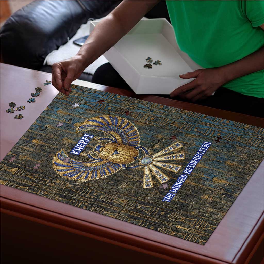 Khepri Ancient Egyptian Puzzle Dark Hieroglyphic, Blue Lotus Eye Symbol, and Winged Scarab Resurrection - Wonder Print Shop
